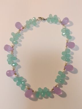 Handmade Faceted Glass & Freshwater Pearl Beaded Necklace Aqua Lavender